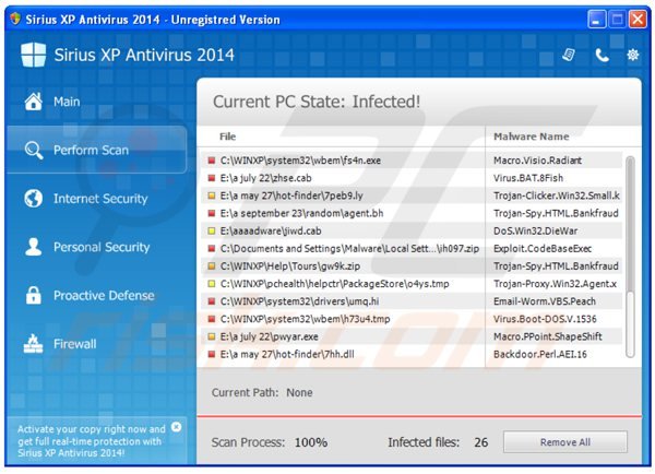 sirius xp antivirus 2014 performing a fake computer security scan
