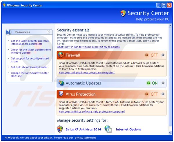 sirius xp antivirus 2014 displaying a fake Windows security center