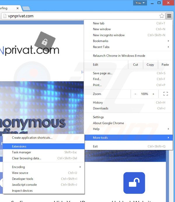 Removing VPN Privat ads from Google Chrome step 1