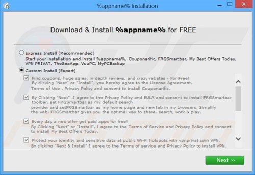 Deceptive installer used in VPN Privat adware distribution