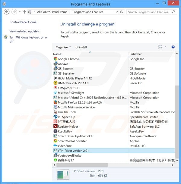 VPN Privat adware uninstall via Control Panel