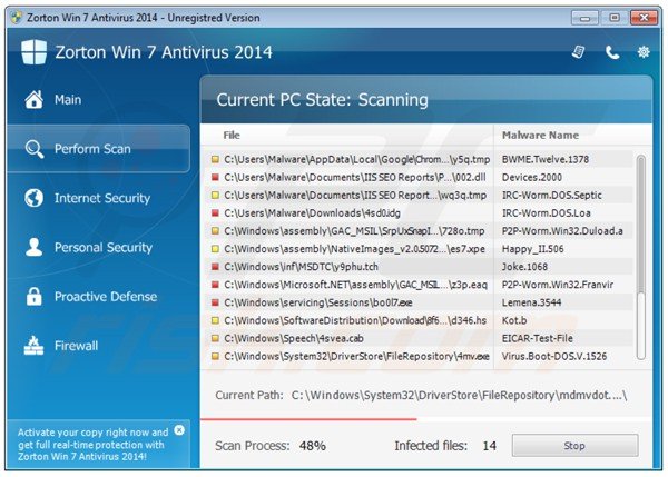 zorton win7 antivirus 2014 performing a fake computer security scan