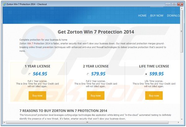 rogue website promoting zorton win7 protection 2014 fake antivirus