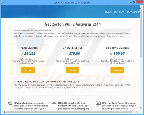 rogue website promoting Zorton Win 8 Antivirus 2014 fake antivirus program