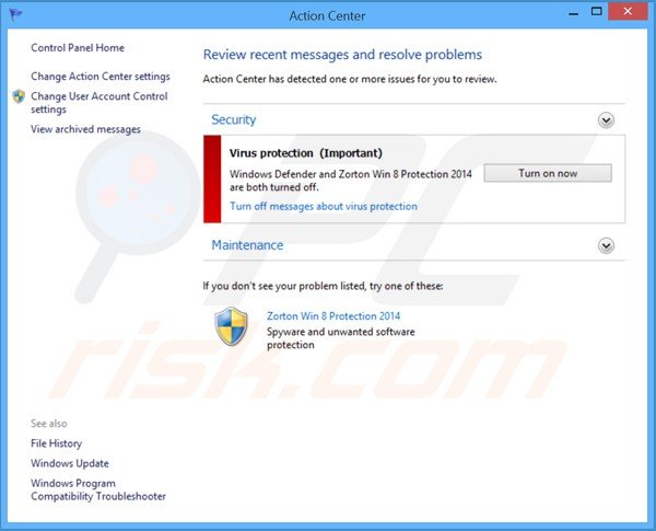 zorton win8 protection 2014 displaying a fake Windows action center