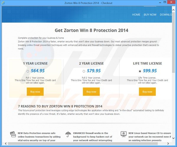 rogue website used for collecting payments for the fake licence keys of zorton win8 protection 2014