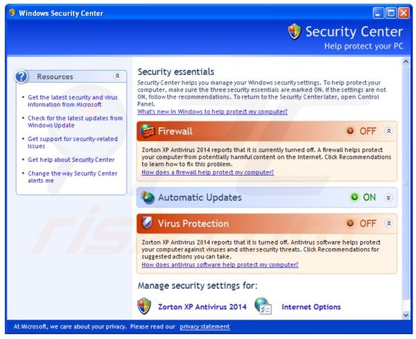 zorton xp antivirus 2014 displaying a fake Windows Security Center
