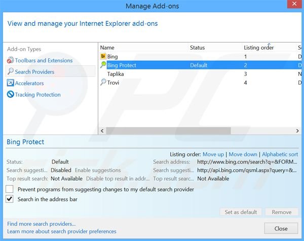 Removing BingProtect from Internet Explorer default search engine