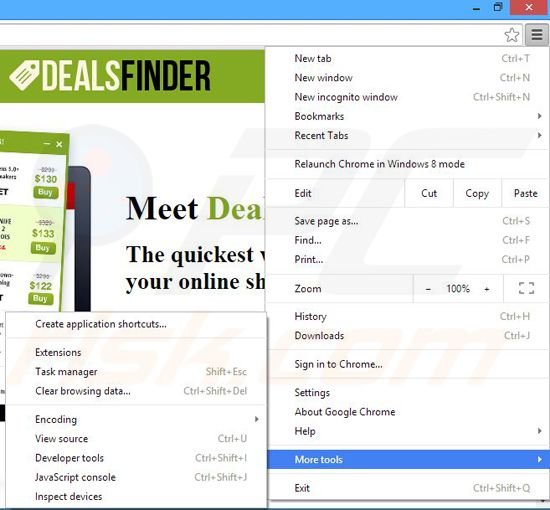 Removing Deals Finder ads from Google Chrome step 1