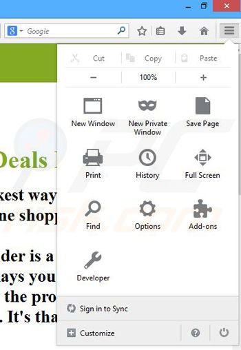 Removing Deals Finder ads from Mozilla Firefox step 1