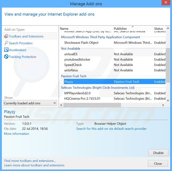 Removing Playzy ads from Internet Explorer step 2