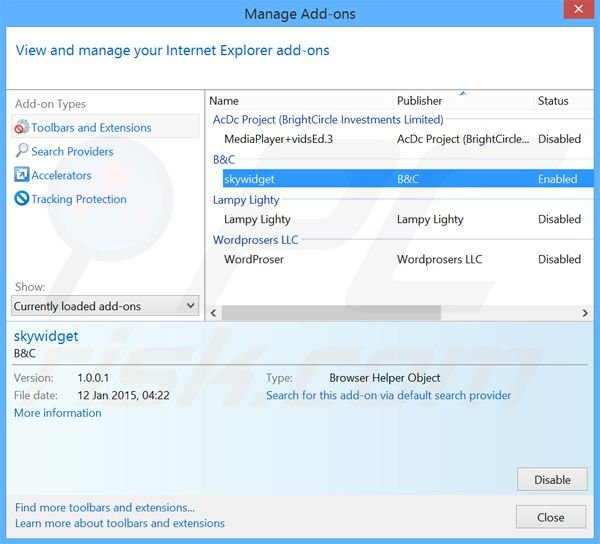 Removing Sky Widget ads from Internet Explorer step 2
