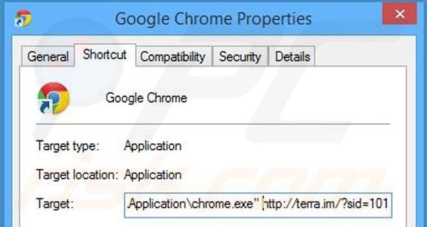 Removing terra.im from Google Chrome shortcut target step 2