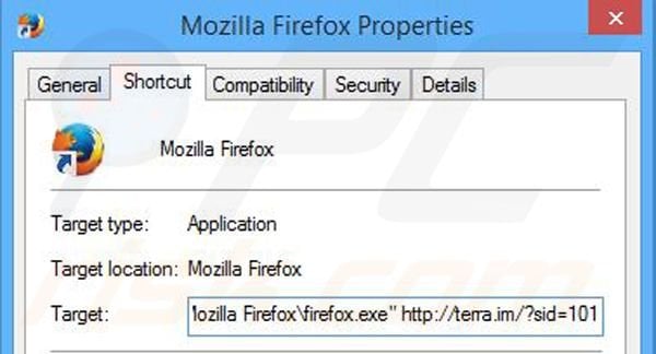 Removing terra.im from Mozilla Firefox shortcut target step 2