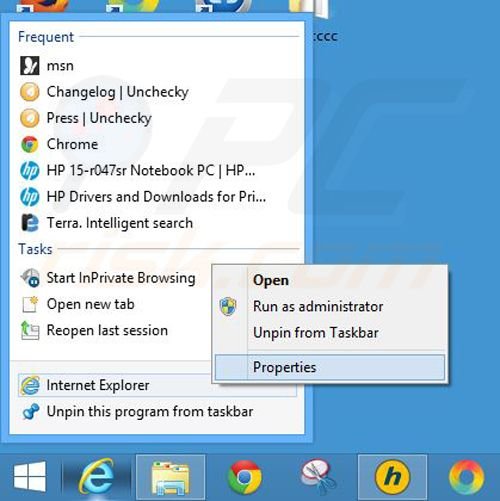 Removing terra.im from Internet Explorer shortcut target step 1