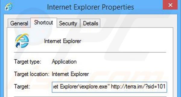 Removing terra.im from Internet Explorer shortcut target step 2