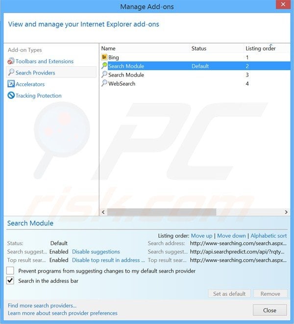 Removing www-searching.com from Internet Explorer default search engine