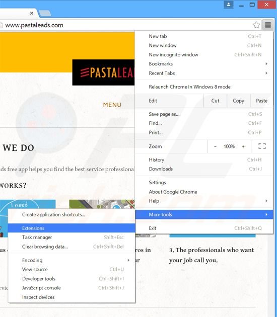 Removing PastaLeads  ads from Google Chrome step 1
