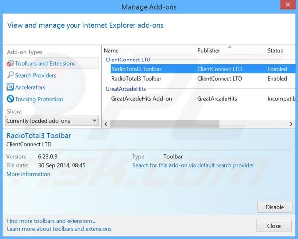 Removing RadioTotal toolbar related Internet Explorer extensions