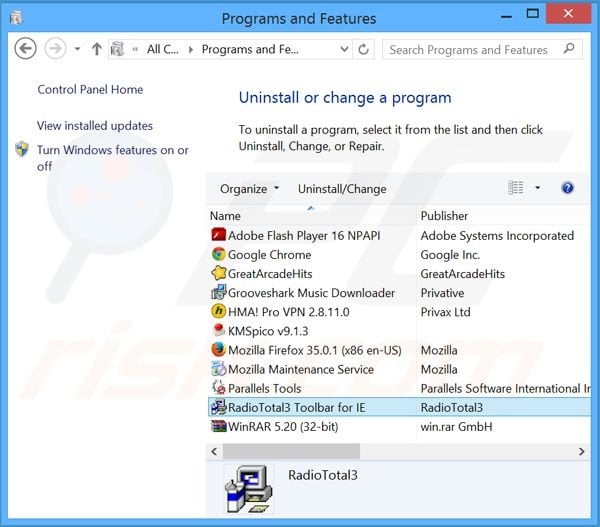 RadioTotal toolbar browser hijacker uninstall via Control Panel