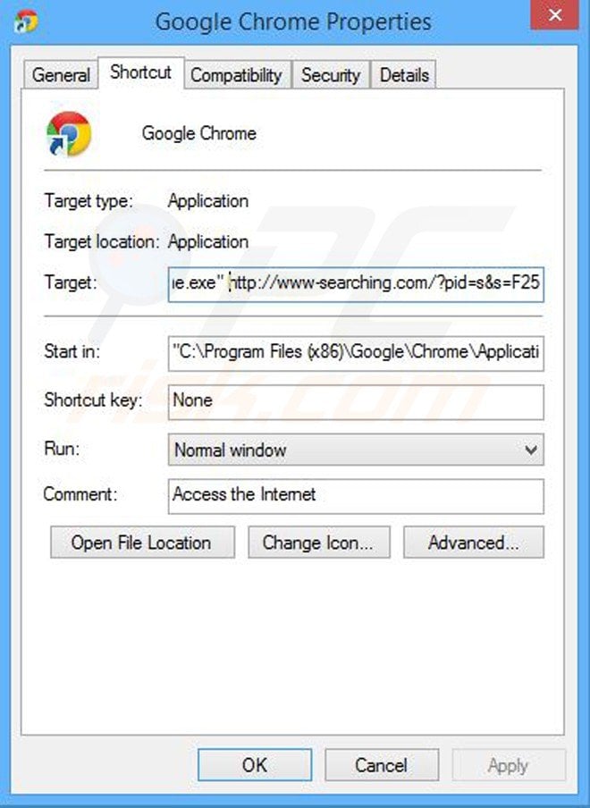 Removing www-searching.com from Google Chrome shortcut target step 2