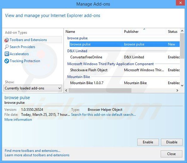 Removing browse pulse ads from Internet Explorer step 2