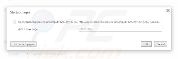 Removing websearch.coolsearches.info from Google Chrome homepage