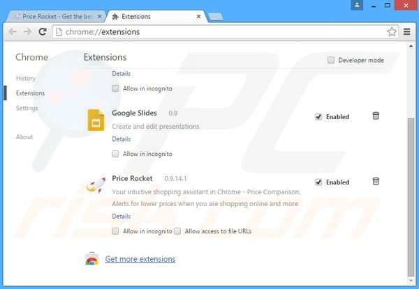 Removing Price Rocket ads from Google Chrome step 2