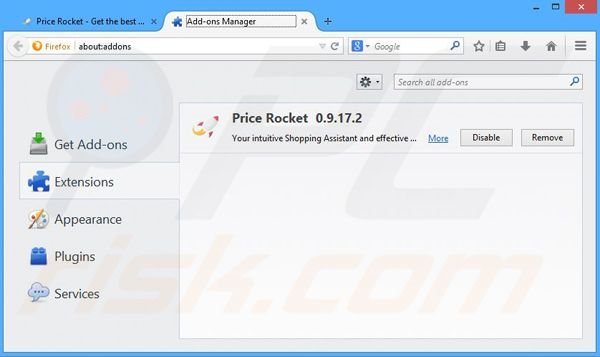 Removing Price Rocket ads from Mozilla Firefox step 2