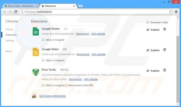 Removing Price Turtle ads from Google Chrome step 2