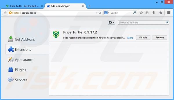 Removing Price Turtle ads from Mozilla Firefox step 2