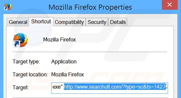 Removing searchult.com from Mozilla Firefox shortcut target step 2