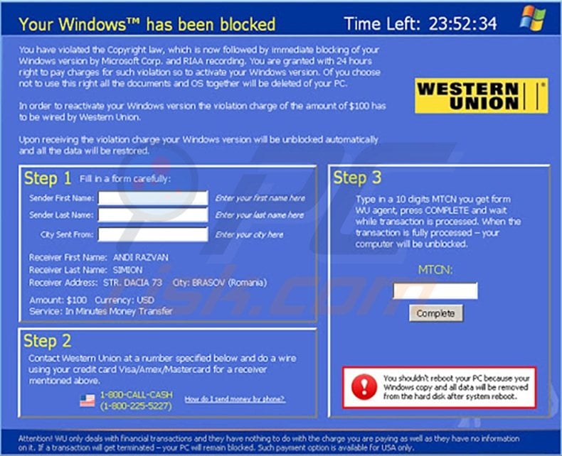 Your Windows has been blocked rogue program