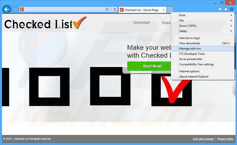 Removing Checked List ads from Internet Explorer step 1