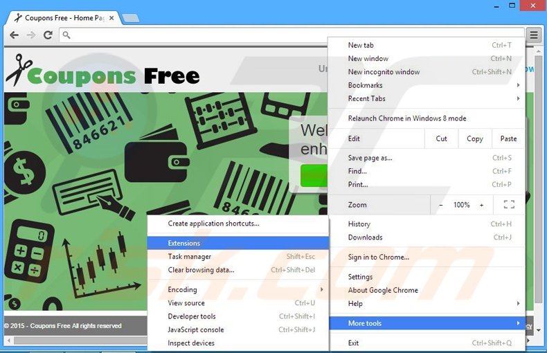 Removing Coupons Free ads from Google Chrome step 1
