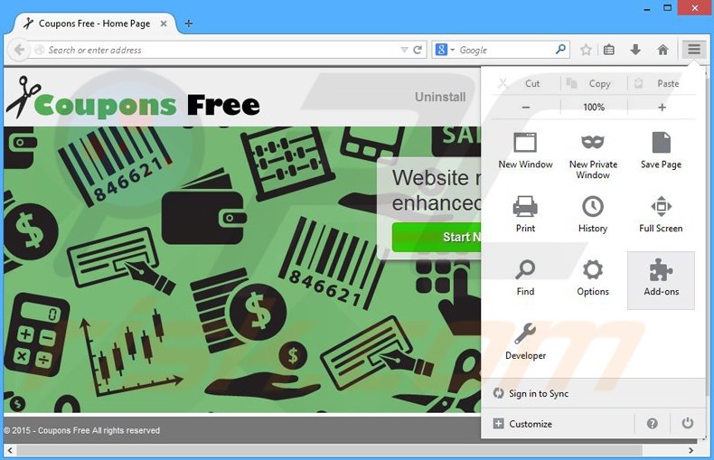 Removing Coupons Free ads from Mozilla Firefox step 1