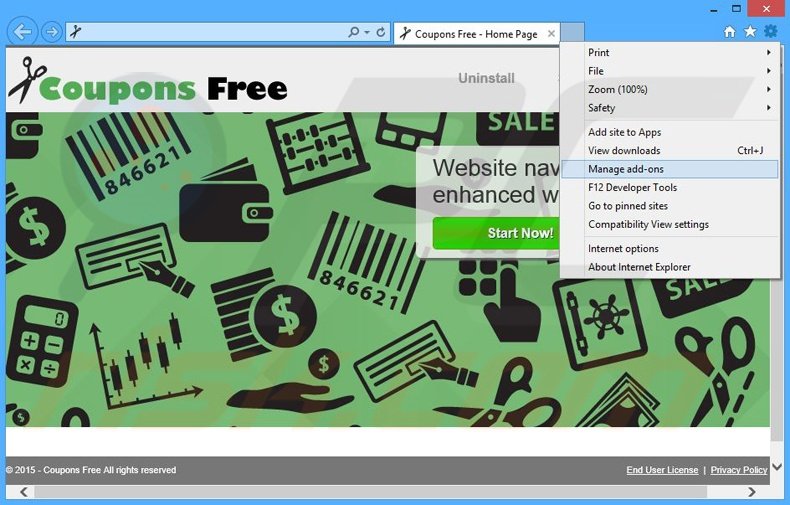 Removing Coupons Free ads from Internet Explorer step 1