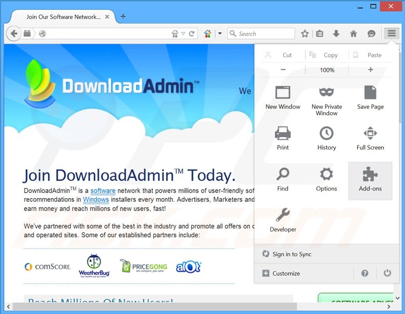 Removing DownloadAdmin ads from Mozilla Firefox step 1