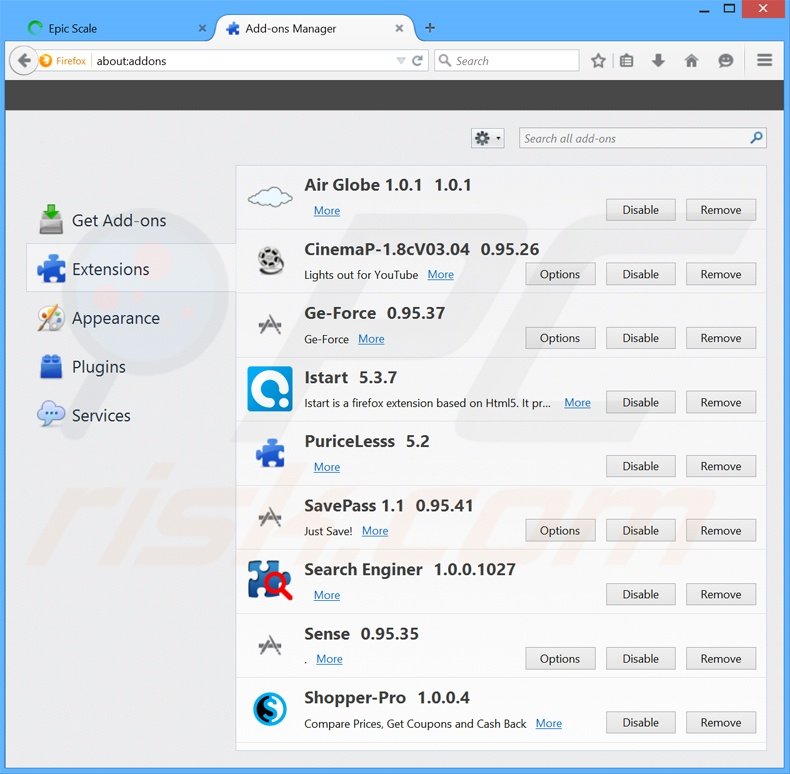 Removing EpicScale ads from Mozilla Firefox step 2