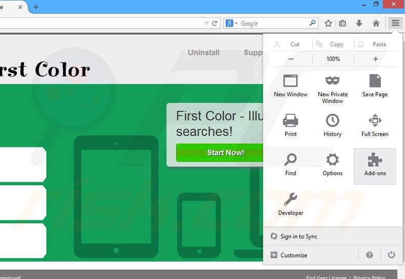 Removing First Color ads from Mozilla Firefox step 1