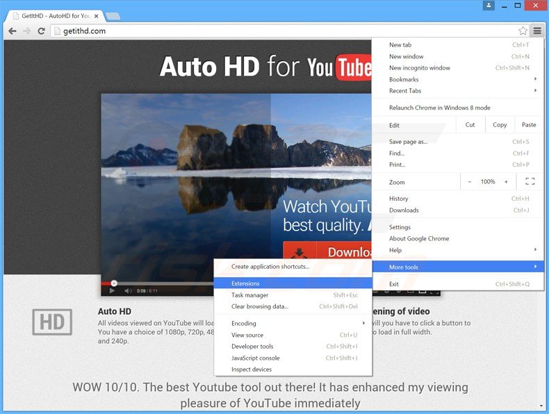 Removing getithd ads from Google Chrome step 1