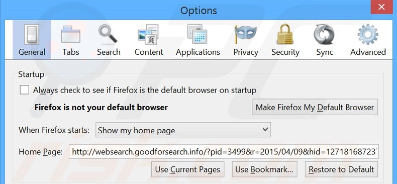 Removing websearch.goodforsearch.com from Mozilla Firefox homepage