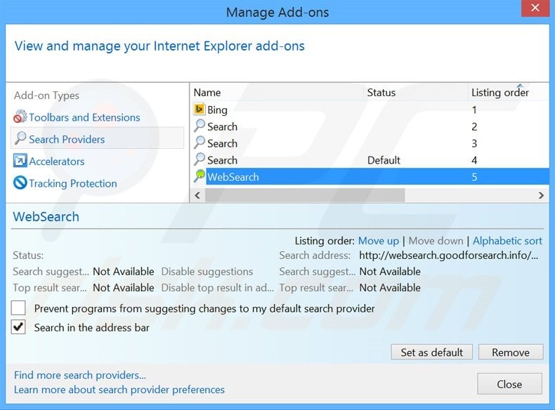 Removing websearch.goodforsearch.com from Internet Explorer default search engine