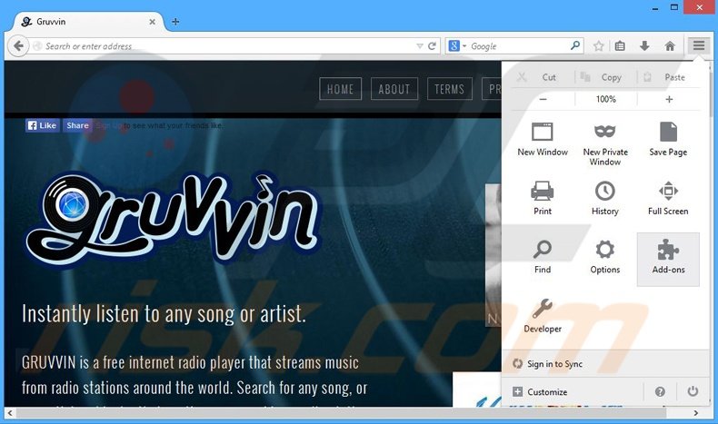 Removing Gruuvin ads from Mozilla Firefox step 1