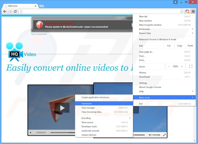 Removing HQ Video Pro  ads from Google Chrome step 1