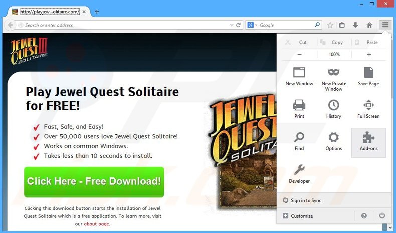 Removing Jewel Quest Solitaire ads from Mozilla Firefox step 1