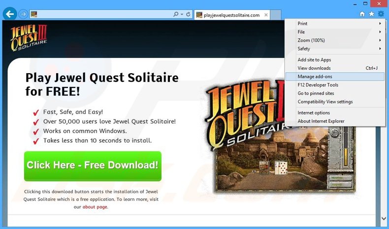 Removing Jewel Quest Solitaire ads from Internet Explorer step 1