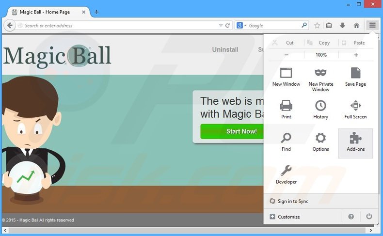 Removing Magic Ball ads from Mozilla Firefox step 1