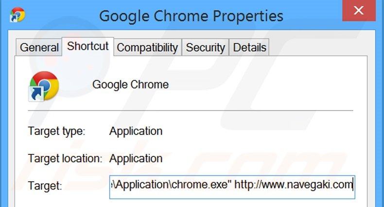 Removing navegaki.com from Google Chrome shortcut target step 2