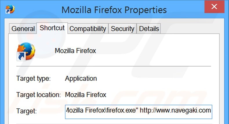 Removing navegaki.com from Mozilla Firefox shortcut target step 2